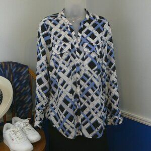 Jones New York Band Collar V-Neck Roll-Tab Button Front Print Blouse